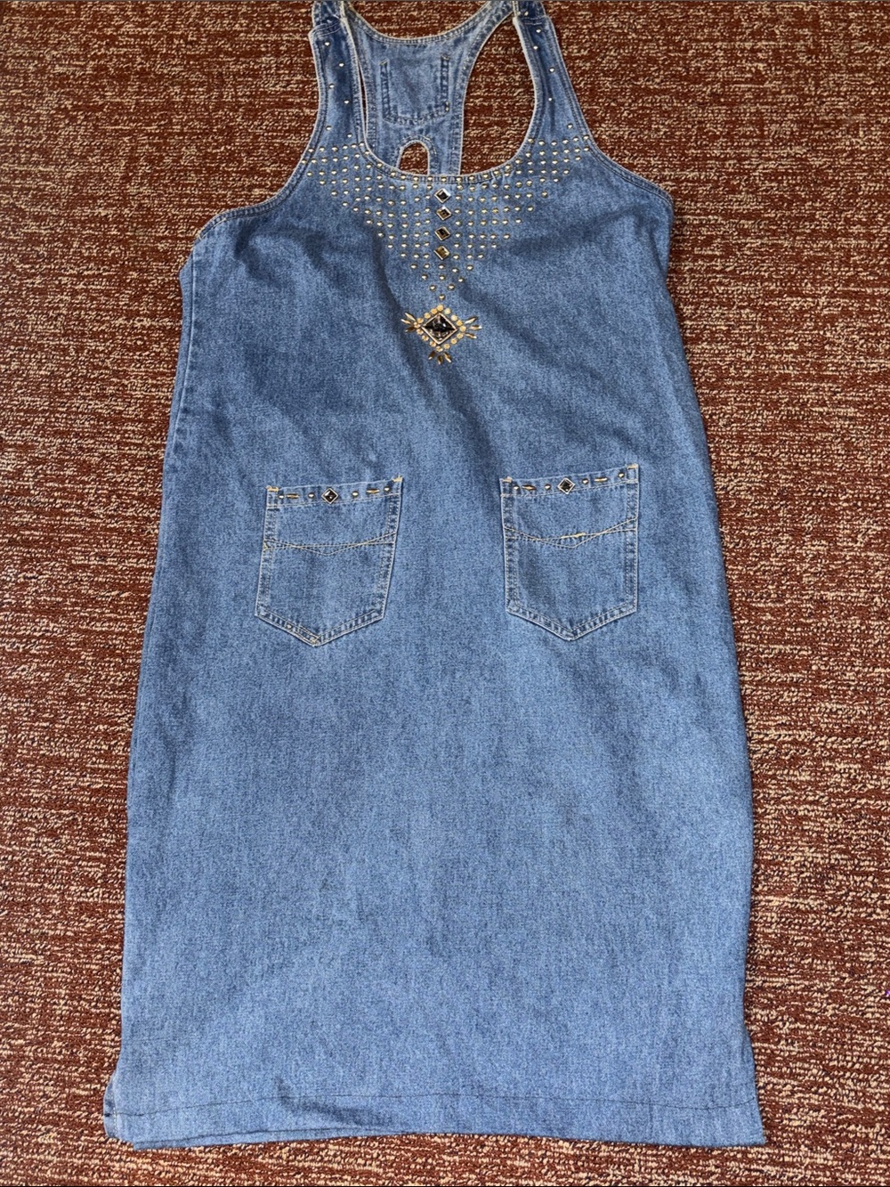 Vintage 90’s denim dress overall dress embellished Jean dress midi length XL